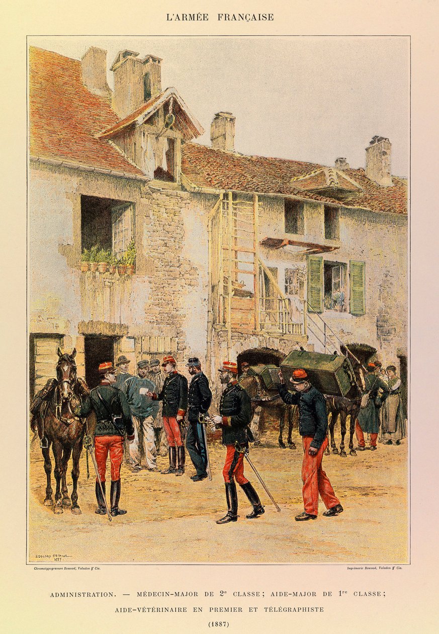Tipos y uniformes del ejército francés del Capitán Jules Richard, ilustrados por Edouard Detaille: Administración: Médico Mayor de 2ª Clase; Ayudante Mayor de 1ª Clase; Ayudante Veterinario Primero y Telegrafista en 1887 de Jean Baptiste Edouard Detaille
