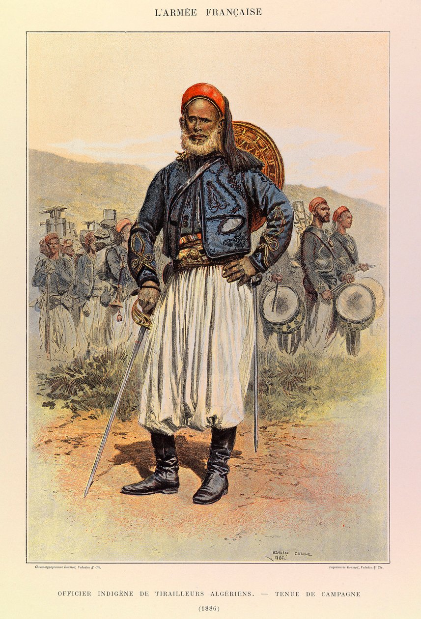 Tipos y uniformes del Ejército Francés del Capitán Jules Richard, ilustrado por Edouard Detaille (1886): Oficial Nativo de Tunecinos Argelinos en Uniforme de Campo, Colección Privada de Jean-Baptiste Edouard Detaille