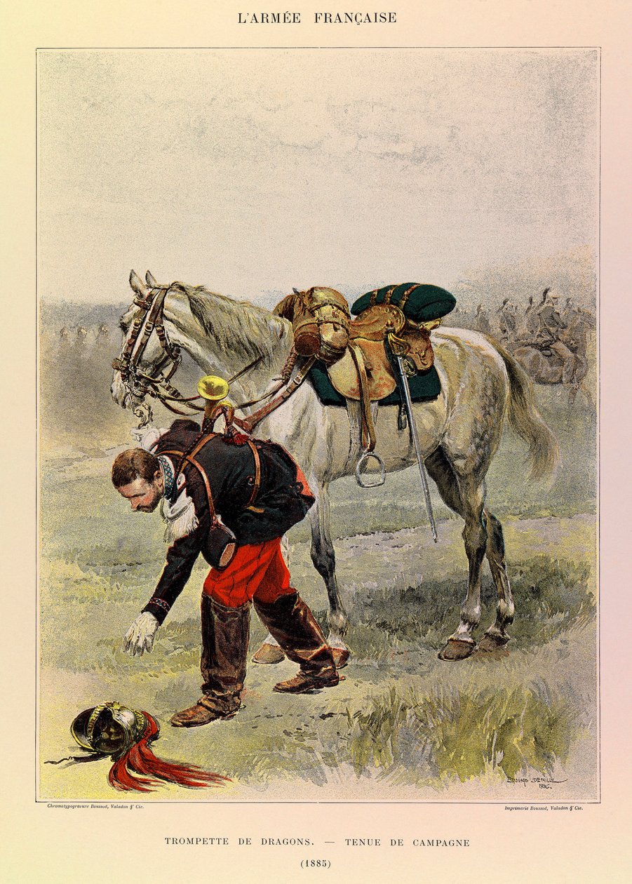Tipos y uniformes del ejército francés del Capitán Jules Richard, ilustrado por Edouard Detaille (1848-1912): Trompeta de Dragones en uniforme de campo en 1885, Colección Privada de Jean-Baptiste Edouard Detaille