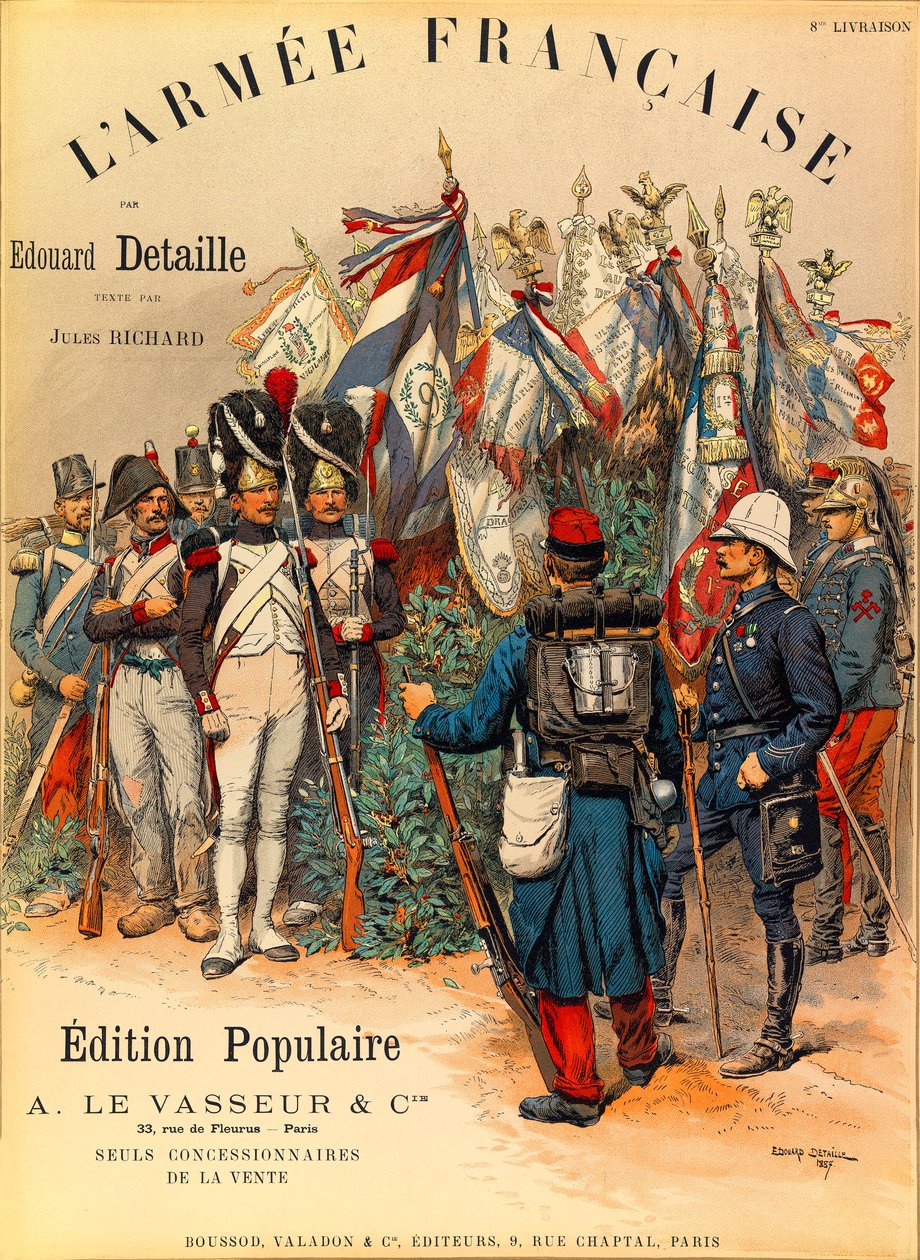Tipos y uniformes del Ejército Francés por el Capitán Jules Richard, ilustrado por Edouard Detaille (1848-1912): Primera portada del libro L