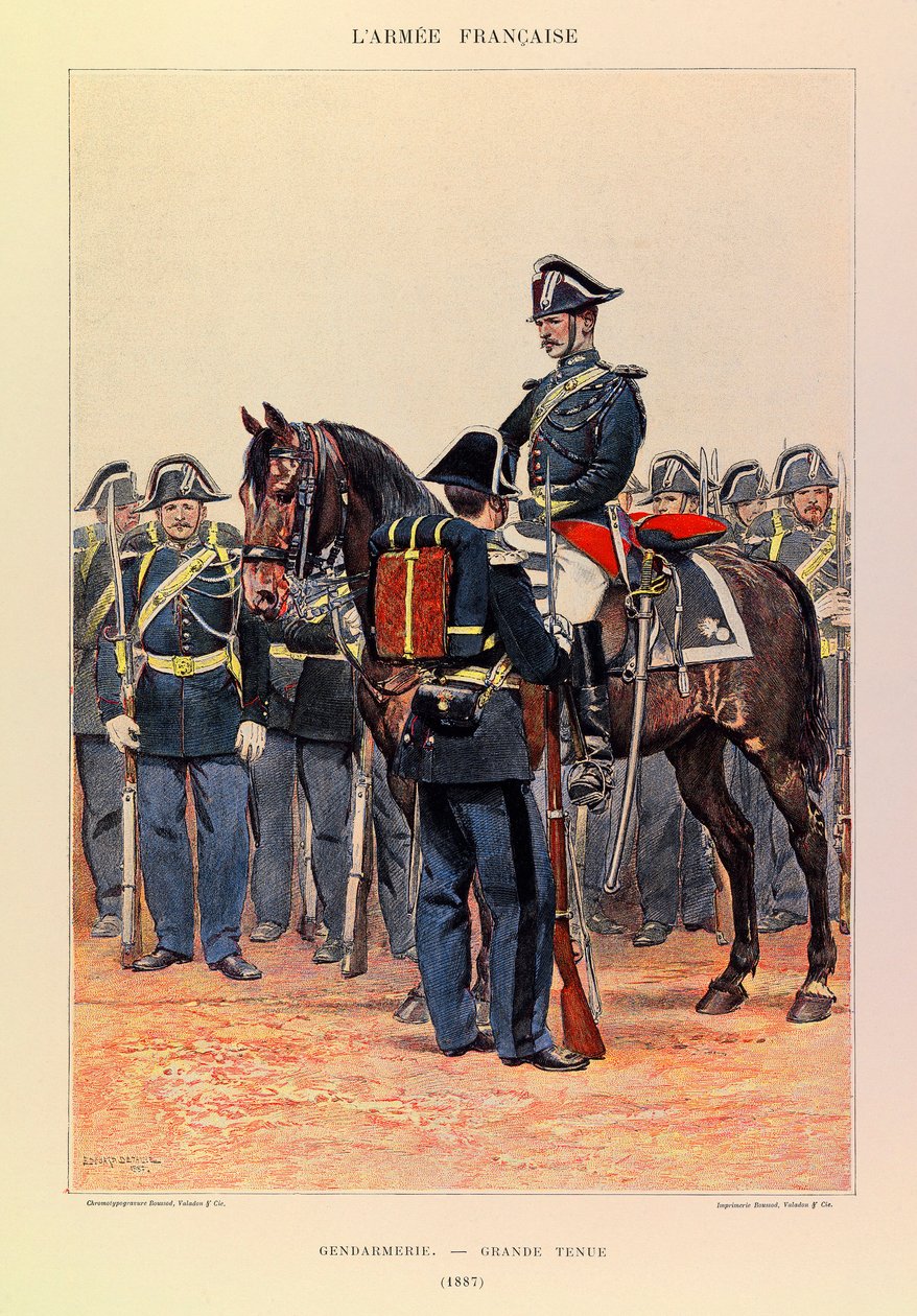 Tipos y uniformes del Ejército Francés del Capitán Jules Richard, ilustrado por Edouard Detaille (1848-1912): Gendarmería en gran atuendo en 1887, colección parcial de Jean Baptiste Edouard Detaille