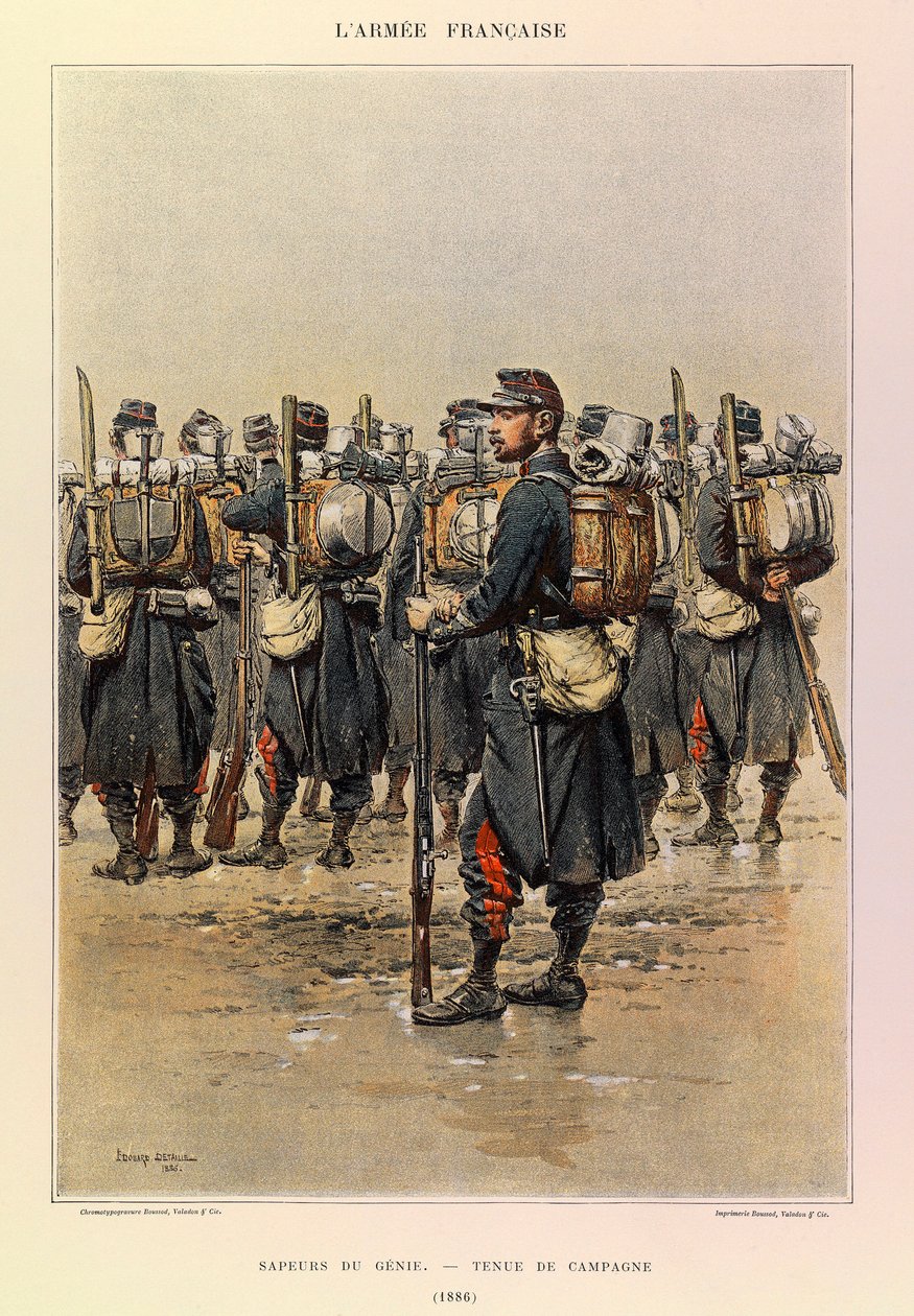 Tipos y uniformes del Ejército Francés del Capitán Jules Richard, ilustrado por Edouard Detaille (1848-1912): Zapador del Ingenieros en vestimenta de campo en 1886, colección privada de Jean-Baptiste Edouard Detaille