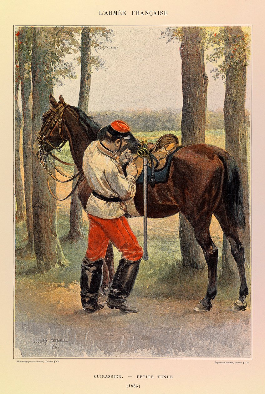Tipos y uniformes del Ejército Francés del Capitán Jules Richard, ilustrado por Edouard Detaille (1848-1912): Coracero en vestimenta pequeña en 1885, colección privada de Jean-Baptiste Edouard Detaille