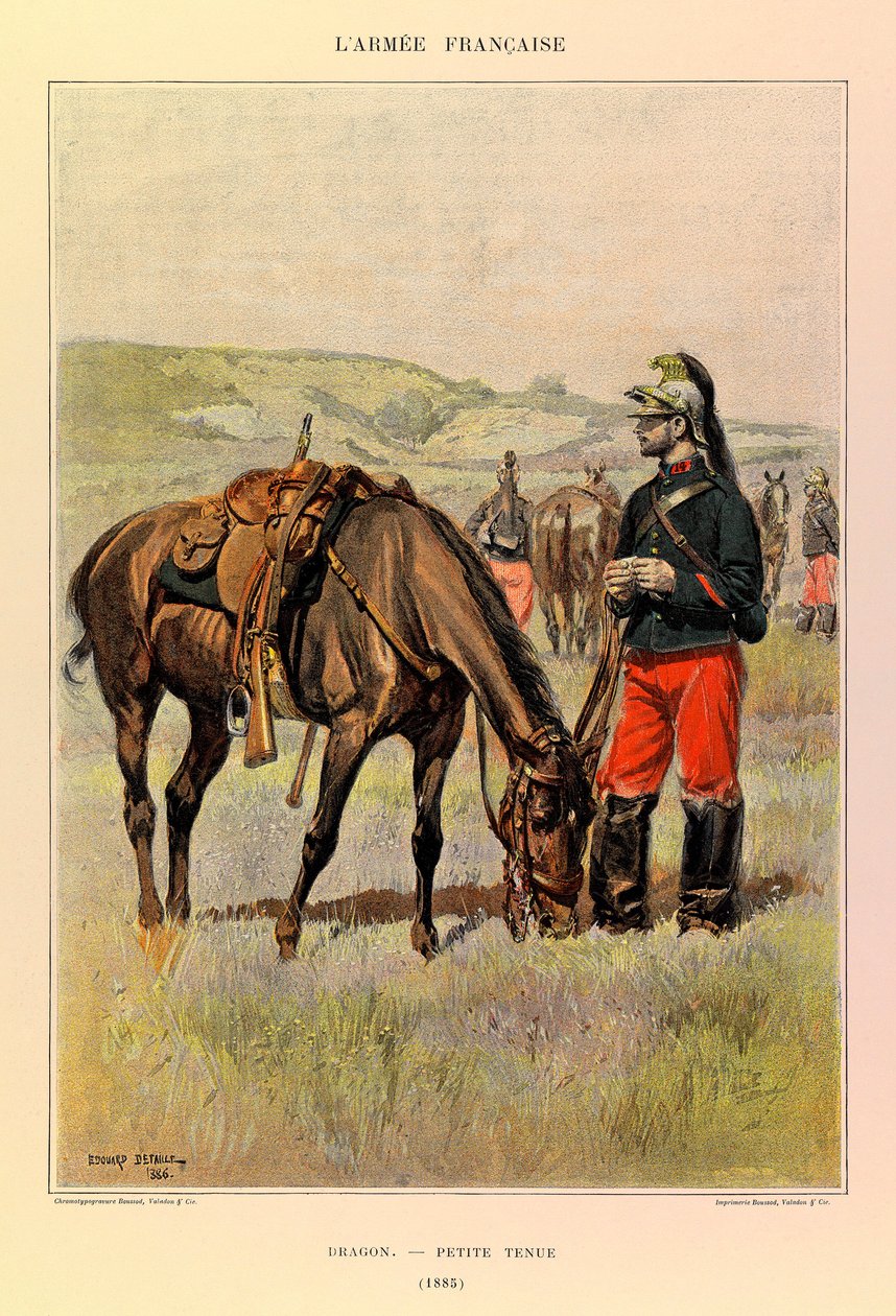 Tipos y uniformes del Ejército Francés del Capitán Jules Richard, ilustrado por Edouard Detaille (1848-1912): Dragón en vestimenta pequeña en 1885, colección privada de Jean Baptiste Edouard Detaille