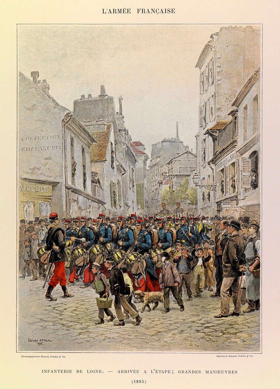 Tipos y uniformes del Ejército Francés del Capitán Jules Richard, ilustrado por Edouard Detaille (1848-1912): Infantería de línea: Llegada al escenario durante las grandes maniobras en 1885, colección privada de Jean Baptiste Edouard Detaille