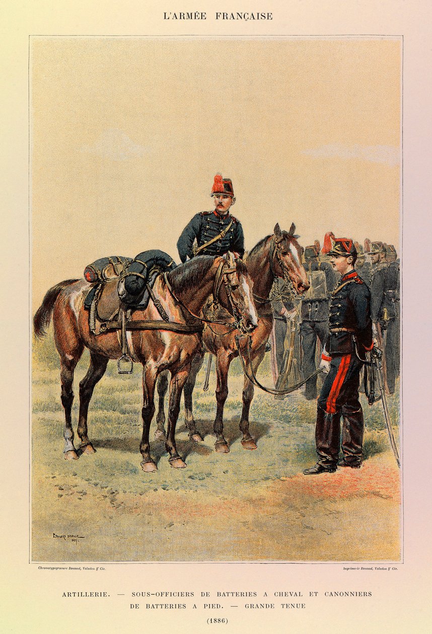 Tipos y uniformes del Ejército Francés del Capitán Jules Richard, ilustrado por Edouard Detaille (1848-1912): Artillería: Suboficiales de baterías a caballo y artilleros de batería a pie en gran atuendo en 1886, Colección privada de Jean Baptiste Edouard Detaille