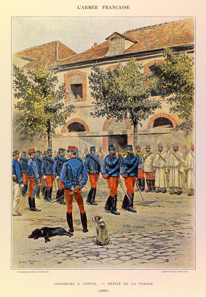 Tipos y uniformes del ejército francés del Capitán Jules Richard, ilustrado por Edouard Detaille: Cazadores a caballo; Desfile de la parada en 1886 de Jean-Baptiste Edouard Detaille