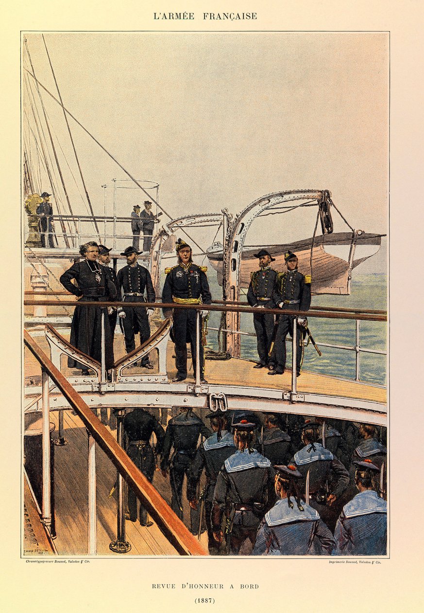 Tipos y uniformes del ejército francés del Capitán Jules Richard, ilustrados por Edouard Detaille: Marina: Revista de honor a bordo en 1887 de Jean Baptiste Edouard Detaille