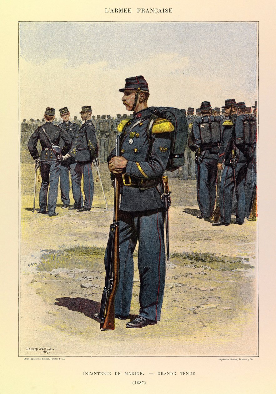 Tipos y uniformes del Ejército Francés del Capitán Jules Richard, ilustrado por Edouard Detaille (1887): Infantería de Marina en Gran Gala, Colección Privada de Jean Baptiste Edouard Detaille