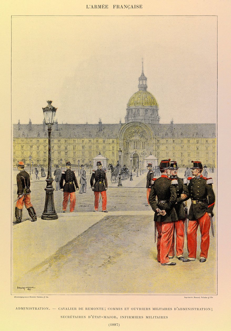 Tipos y uniformes del Ejército Francés del Capitán Jules Richard, ilustrado por Edouard Detaille (1887): Administración: Jinete, escribano militar y trabajadores administrativos, secretarios de personal, enfermeras militares, Colección Privada de Jean Baptiste Edouard Detaille
