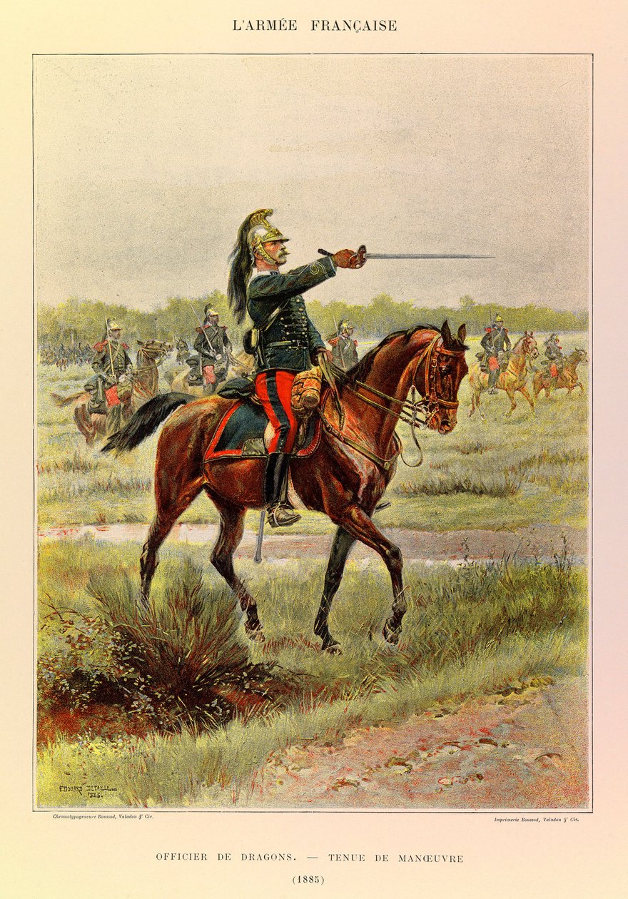 Tipos y uniformes del Ejército Francés del Capitán Jules Richard, ilustrado por Edouard Detaille (1885): Oficial de Dragones en traje de maniobras, Colección Privada de Jean Baptiste Edouard Detaille