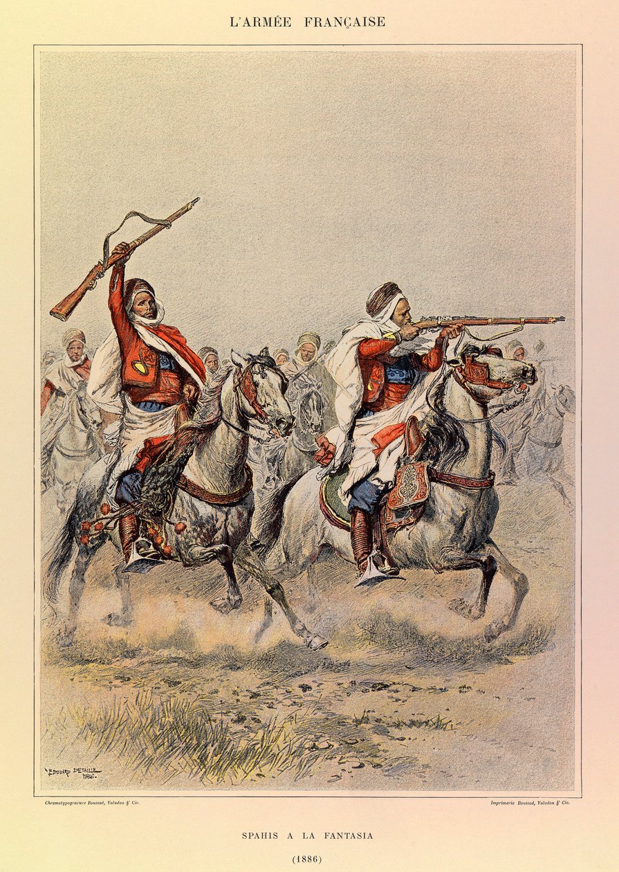 Tipos y uniformes del ejército francés del capitán Jules Richard, ilustrado por Edouard Detaille: Spahis en la Fantasía en 1886, Colección privada de Jean Baptiste Edouard Detaille