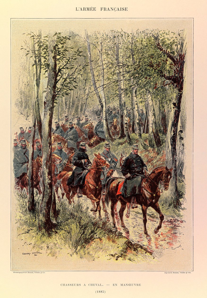 Tipos y uniformes del ejército francés del capitán Jules Richard, ilustrado por Edouard Detaille: Cazadores a caballo en maniobra en 1885, Colección privada de Jean-Baptiste Edouard Detaille