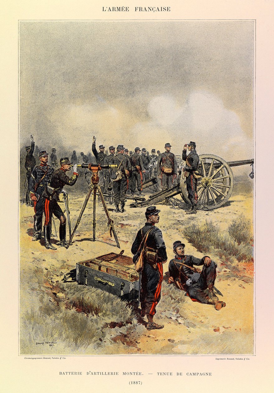 Tipos y uniformes del ejército francés del Capitán Jules Richard, ilustrado por Edouard Detaille (1848-1912): Batería de Artillería montada en uniforme de campaña en 1887, Colección Privada de Jean Baptiste Edouard Detaille