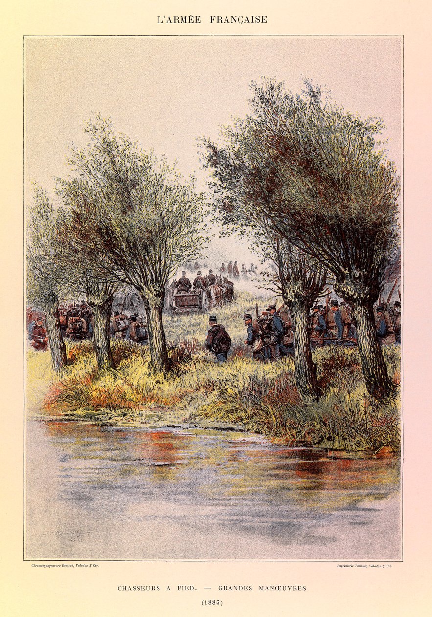 Tipos y uniformes del ejército francés del Capitán Jules Richard, ilustrado por Edouard Detaille (1848-1912): Cazadores a pie; las grandes maniobras en 1885, Colección Privada de Jean Baptiste Edouard Detaille