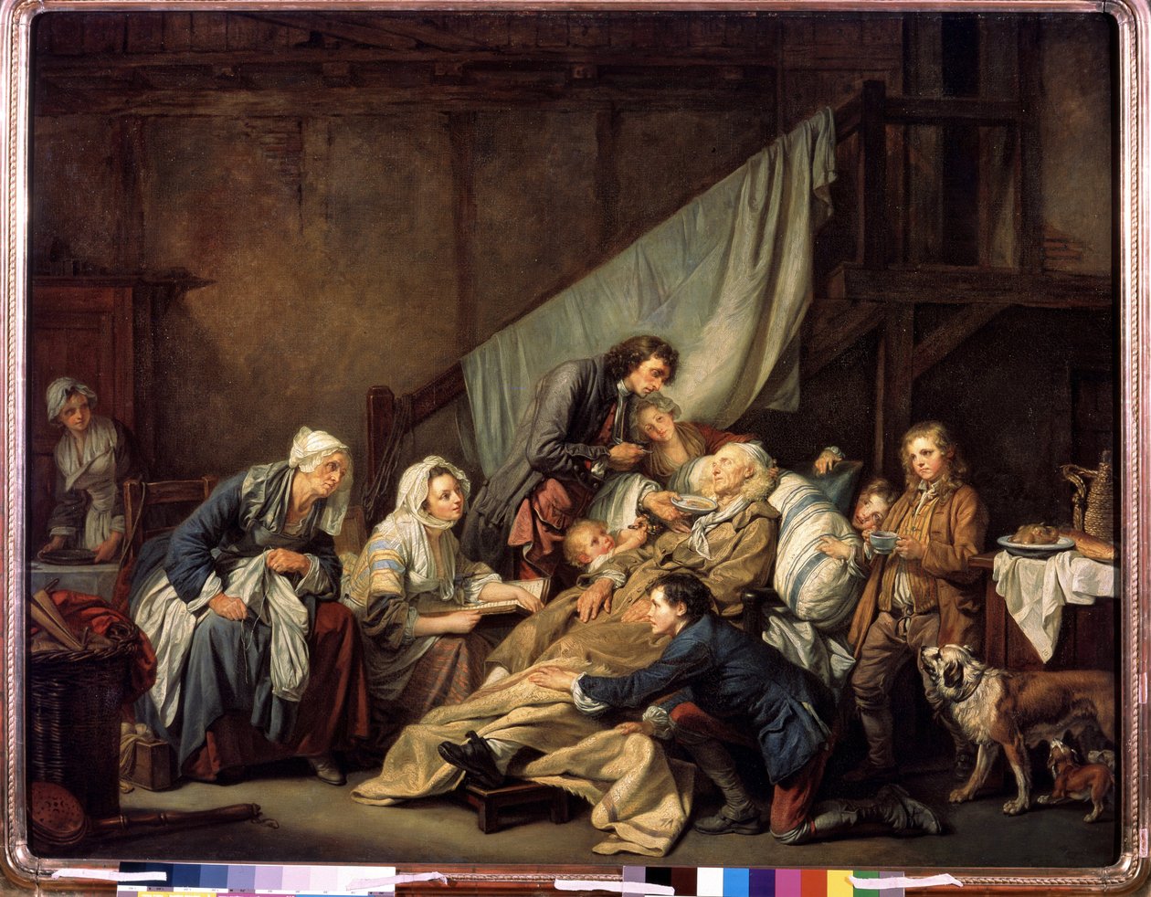 ""La piedad filial o el paralítico rescatado por sus hijos"" (Piedad filial (El paralítico)) Pintura de Jean Baptiste Greuze (1725-1805) 1763 Dim. 115x146 cm Museo del Hermitage, San Petersburgo de Jean Baptiste Greuze