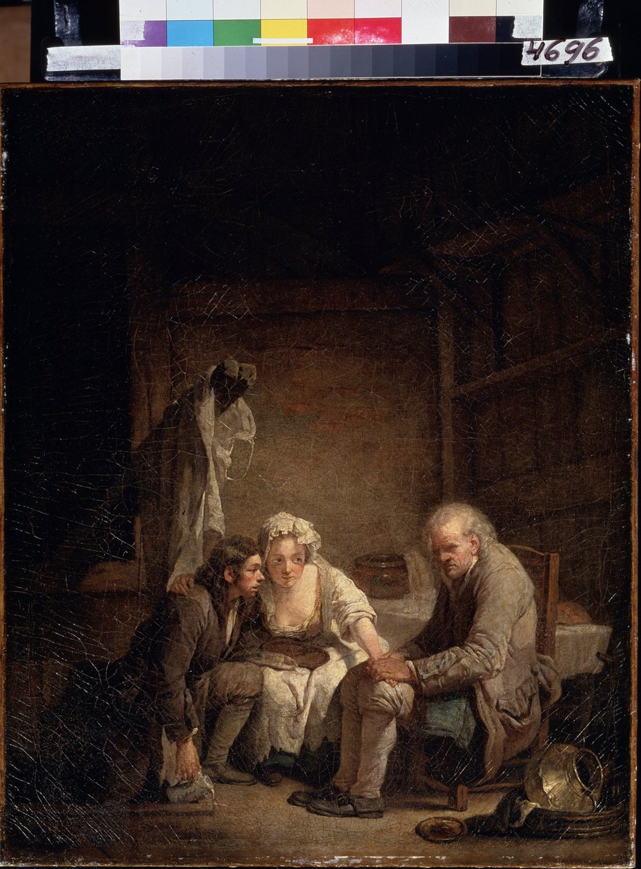 ""El Ciego Engaña"" (Ciego Engañado). Hombre honesto víctima de engaños, estafas y falta de honestidad. Pintura de Jean Baptiste Greuze (1725-1805) hacia 1755. Óleo sobre tela. Rococó. Museo Pushkin, Moscú de Jean Baptiste Greuze
