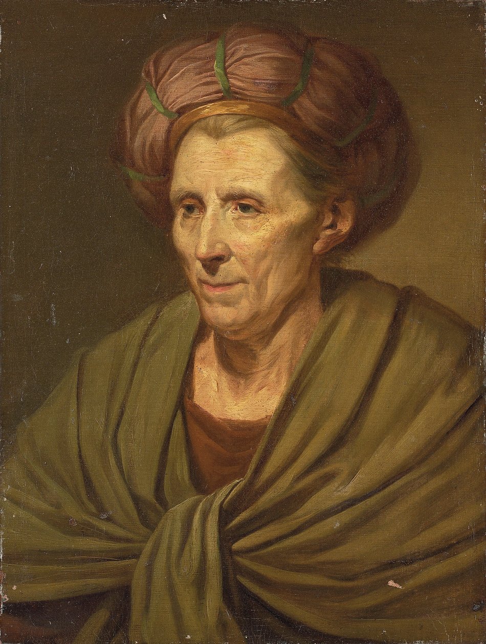 Retrato de una mujer, busto, con un turbante marrón y chal verde de Jean Baptiste Greuze