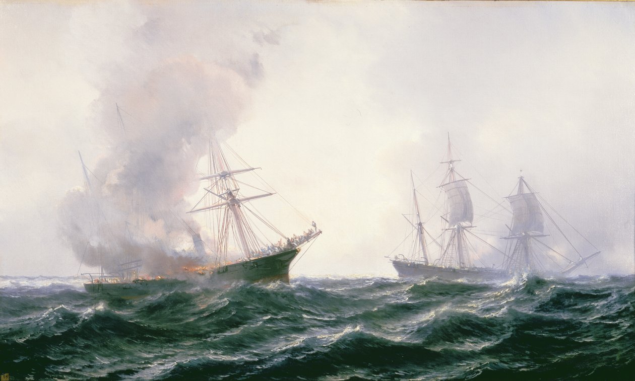 Un barco en llamas en el mar, con otro al lado de Jean Baptiste Henri Durand Brager