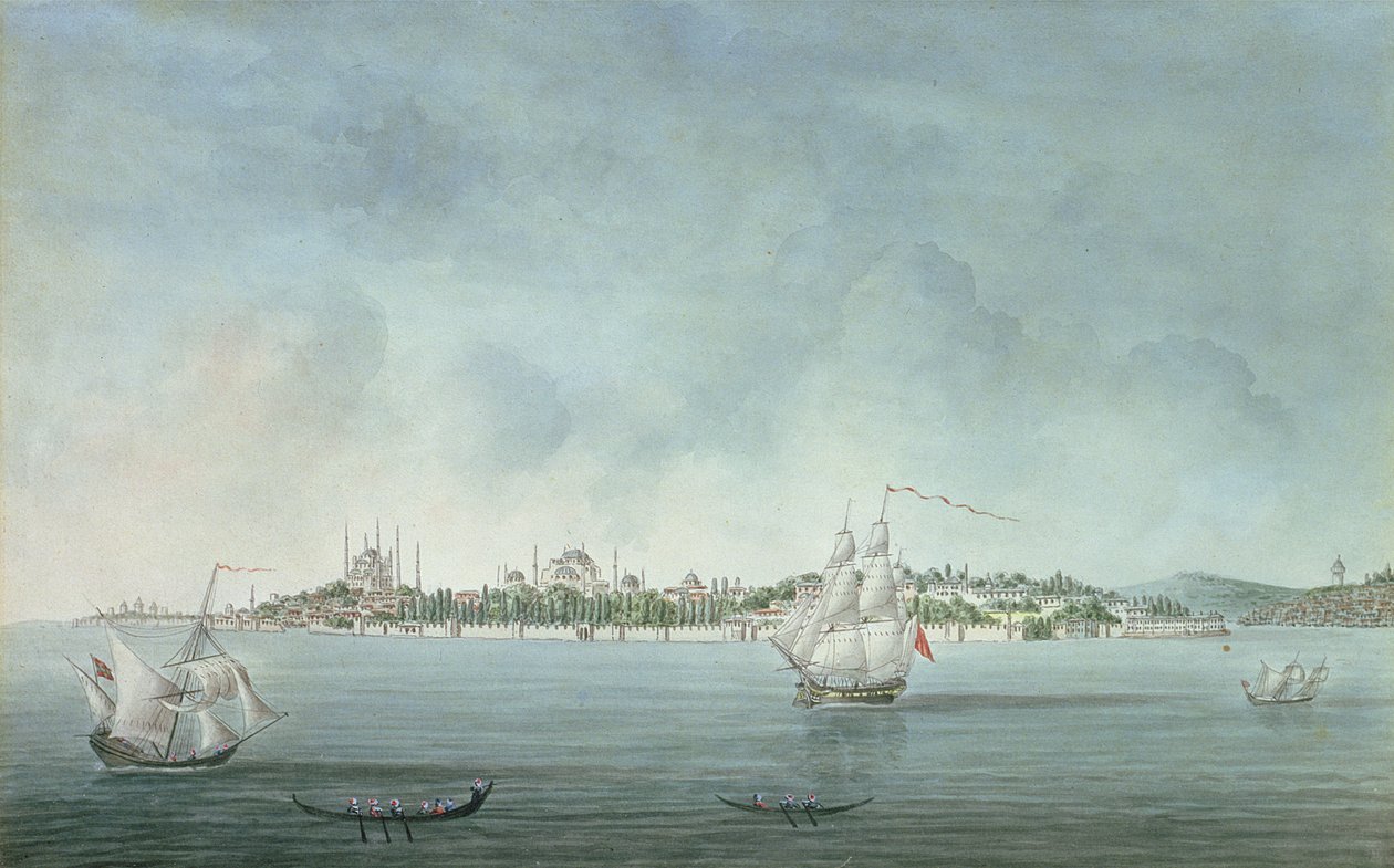 Vista de Sultan Ahmet y Santa Sofía desde Uskudar, en Constantinopla de Jean Baptiste Hilair