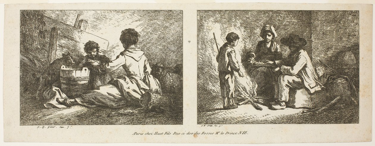 Niños con perro y oveja y familia campesina junto al fuego de Jean Baptiste Huet