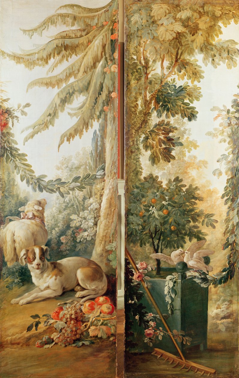 Salón del grabador Gilles Demarteau, dos paneles 1. perro y oveja 2. naranjo plantado con palomas picoteando de Jean Baptiste Huet