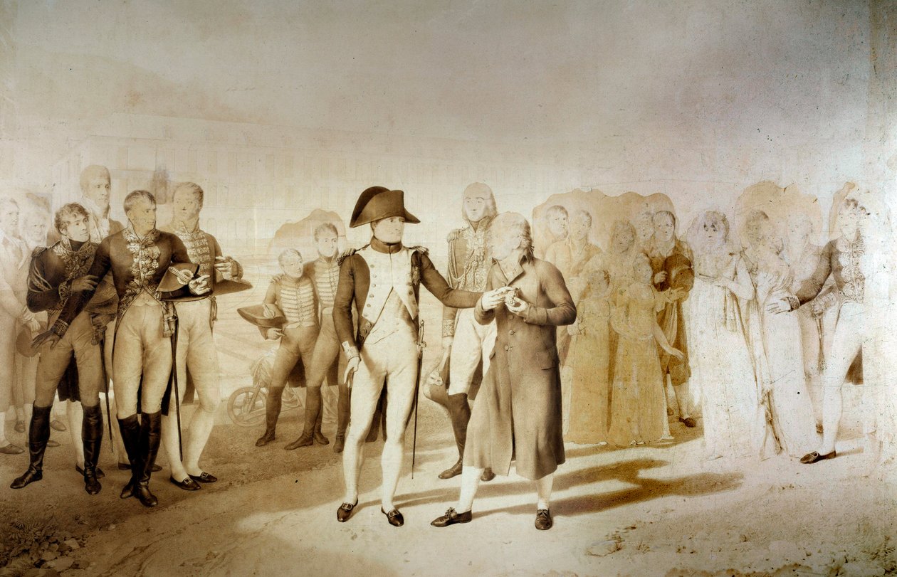 El emperador Napoleón I y la emperatriz Josefina de Beauharnais visitan la fábrica textil de Monsieur Oberkampf en Jouy el 20/06/1806 (detalle) de Jean Baptiste Isabey