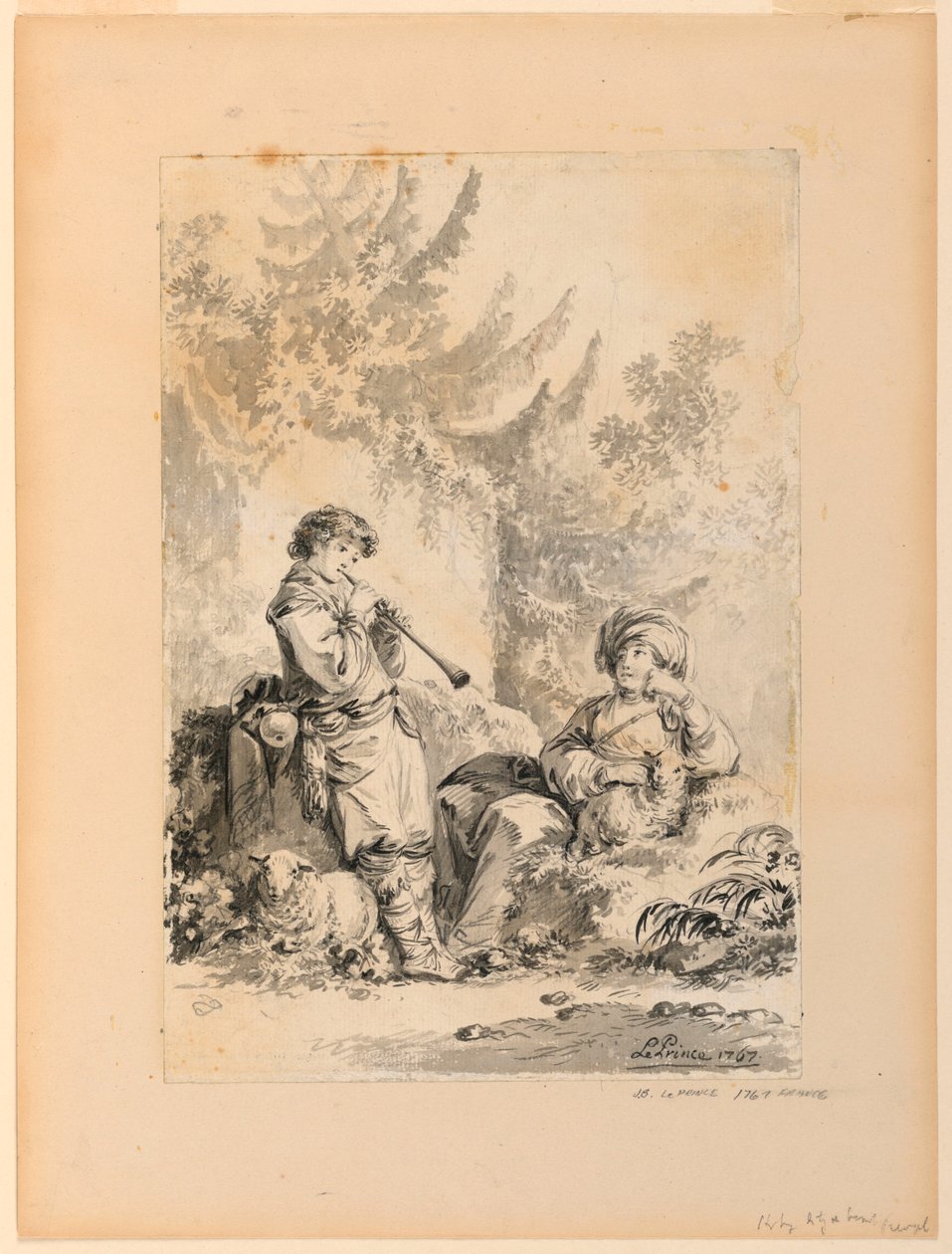Dibujo, Pastorcillo y pastora en un paisaje, 1767 de Jean Baptiste Le Prince