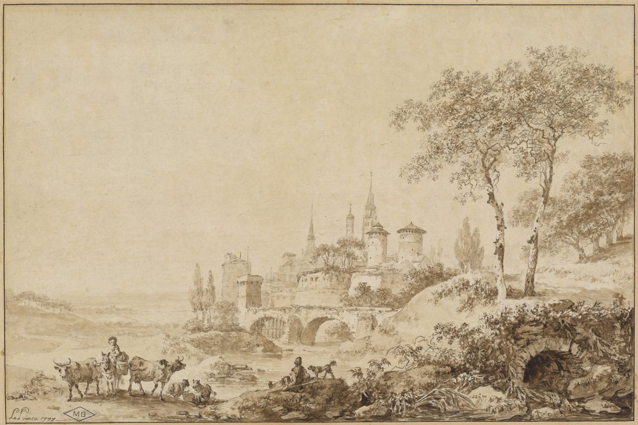 Pastores en un paisaje frente a una ciudad fortificada de Jean Baptiste Le Prince