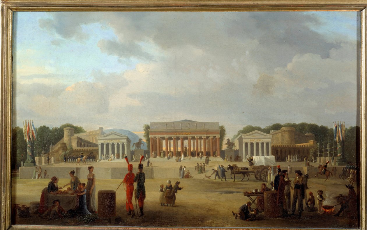 Vista del gran teatro en la Plaza de la Concordia en París para la fiesta de la Paz el 18 de brumario del año X (9/11/1801) de Jean Baptiste Louis Cazin