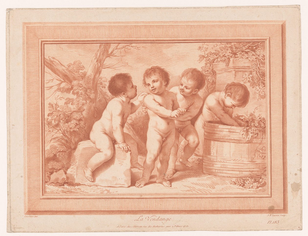 Cuatro amorcillos con un tonel de vino La Vendange (título sobre objeto) de Jean Baptiste Lucien
