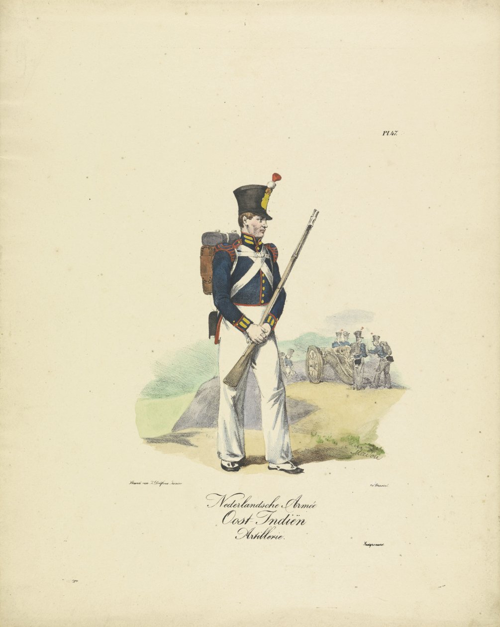 Artillero del Ejército de las Indias Orientales Holandesas, 1820-1825 Artillería de las Indias Orientales de la Armée Holandesa (título sobre el objeto) Trajes militares del Reino de los Países Bajos. Dedicado a Su Excelencia Willem van Bylandt (título de  de Jean Baptiste Madou