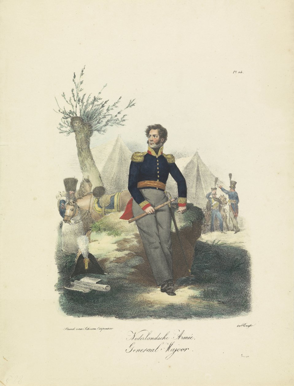 Mayor general, 1820-1825 Ejército holandés, mayor general (título sobre el objeto) Trajes militares del Reino de los Países Bajos. Dedicado a Su Excelencia Willem van Bylandt (título de la serie en el objeto) de Jean Baptiste Madou