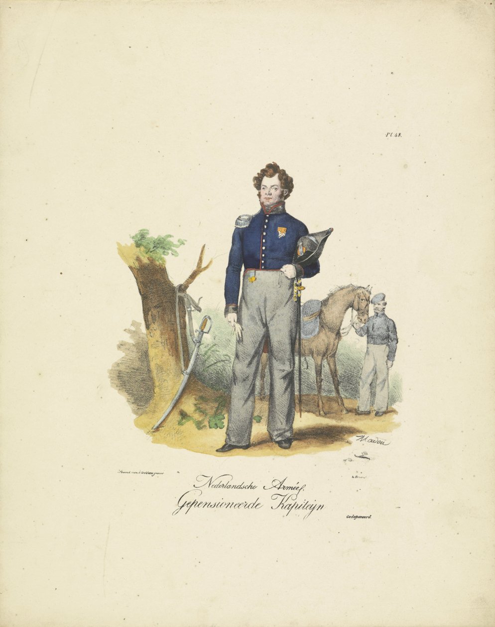 Capitán retirado, 1820-1825 Nederlandsche Armée, Retired Kapiteyn (título sobre el objeto) Trajes militares del Reino de los Países Bajos. Dedicado a Su Excelencia Willem van Bylandt (título de la serie en el objeto) de Jean Baptiste Madou