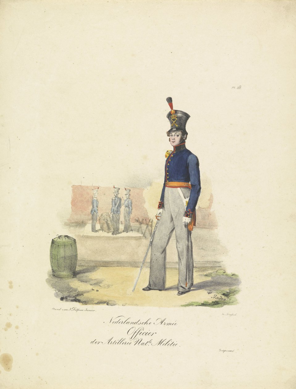 Oficial de Artillería, 1820-1825 Nederlandsche Armée Officier der Artillerie Nat.le Militie (título sobre el objeto) Trajes militares del Reino de los Países Bajos. Dedicado a Su Excelencia Willem van Bylandt (título de la serie en el objeto) de Jean Baptiste Madou