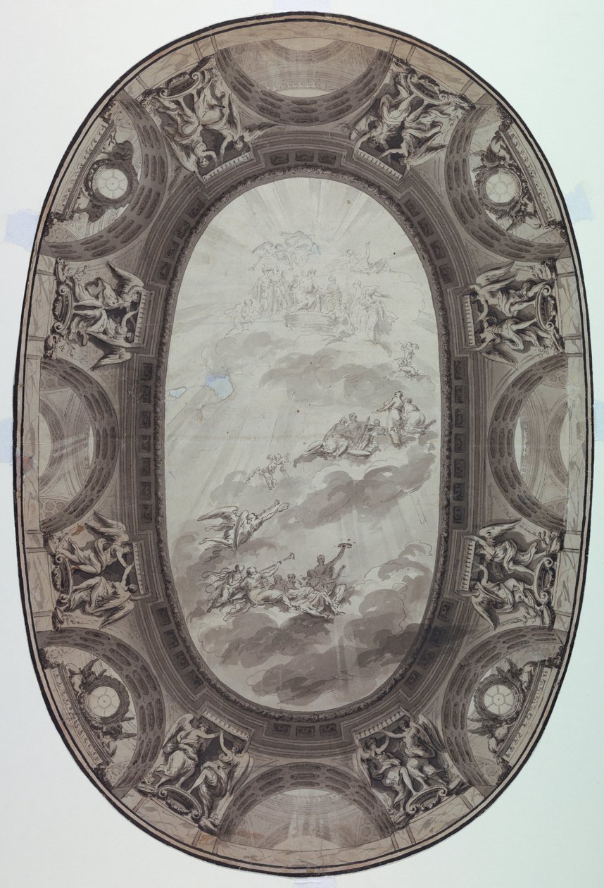 Dibujo, Proyecto para la decoración pintada del techo de un salón (Techo oval pintado), 1761 de Jean Baptiste Marie Pierre