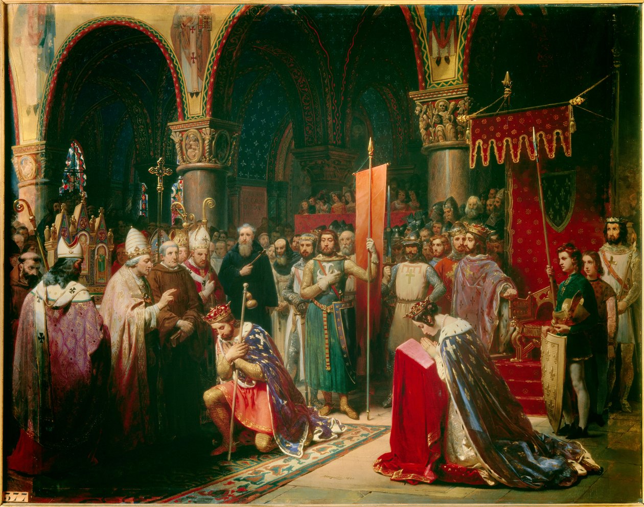 El rey Luis VII toma el oriflama en la Basílica de Saint Denis en presencia de la reina Leonor de Aquitania de Jean Baptiste Mauzaisse