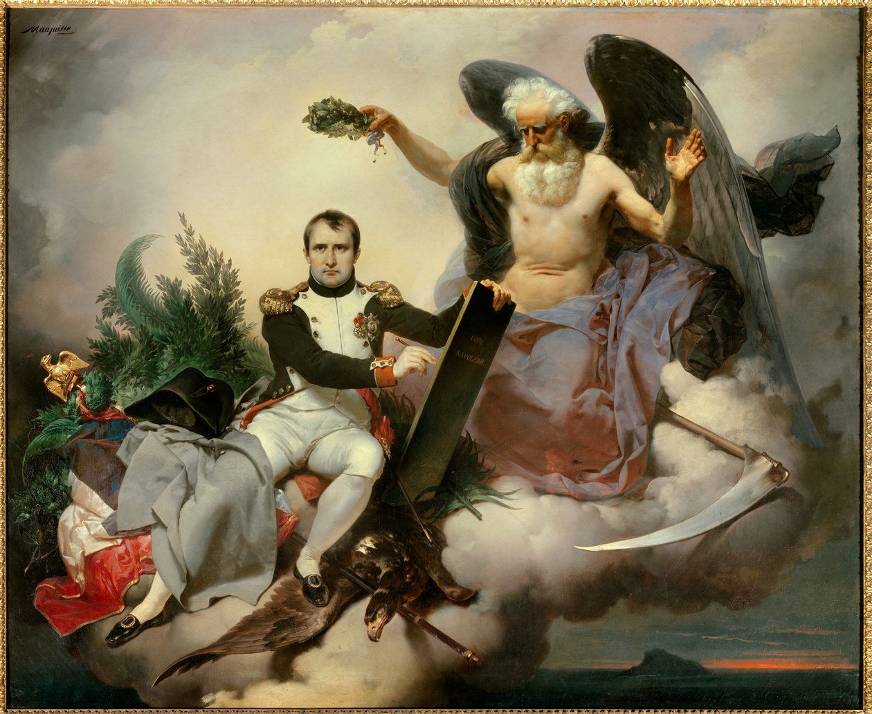 Napoleón I coronado por el Tiempo, escribe el Código Civil. La alegoría del Tiempo, bajo la apariencia de un viejo ángel corona a Napoleón Bonaparte (1769-1821) en el momento en que revisa su código de leyes conocido como el Código Napoleónico promulgado e de Jean Baptiste Mauzaisse