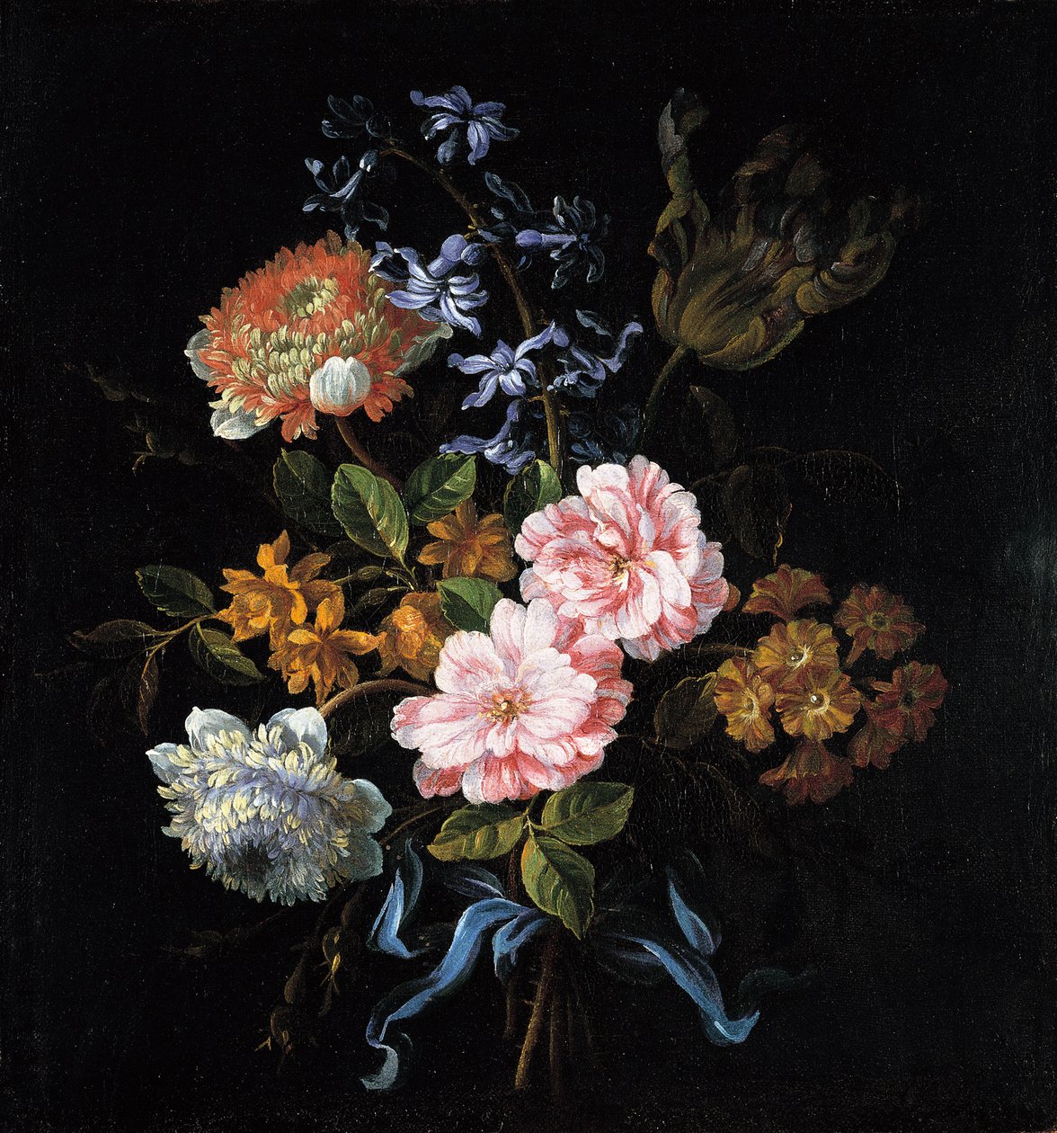 Ramo de anémonas de amapola, rosas, doble campernelle, un jacinto, un tulipán y aurícula atados con un lazo de Jean Baptiste Monnoyer
