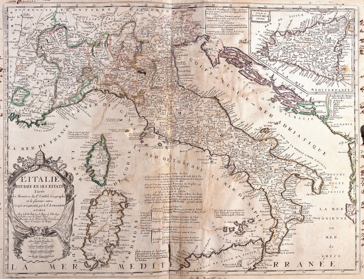 Mapa de Italia, con Córcega, Cerdeña y Sicilia de Jean Baptiste Nolin