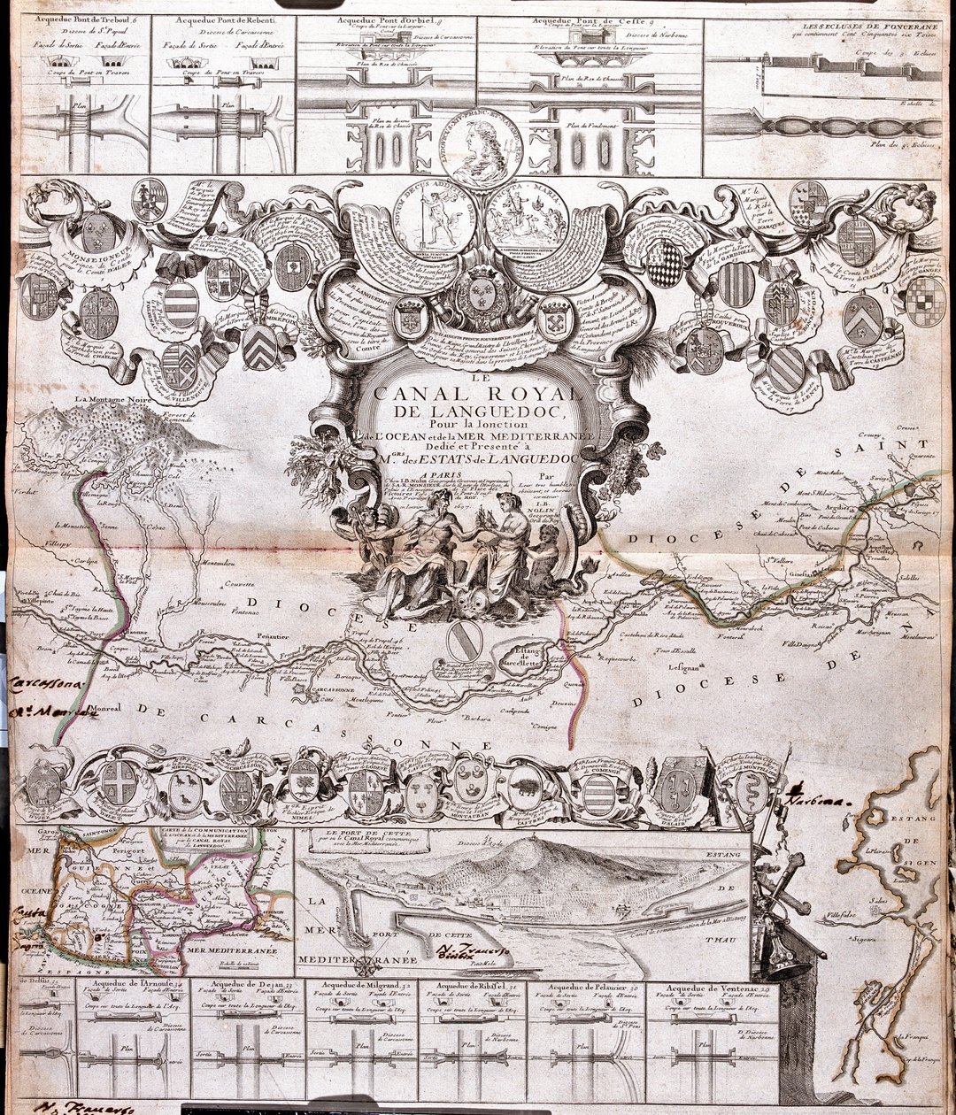 Mapa del Canal du Midi, con sus acueductos (Grabado) de Jean Baptiste Nolin