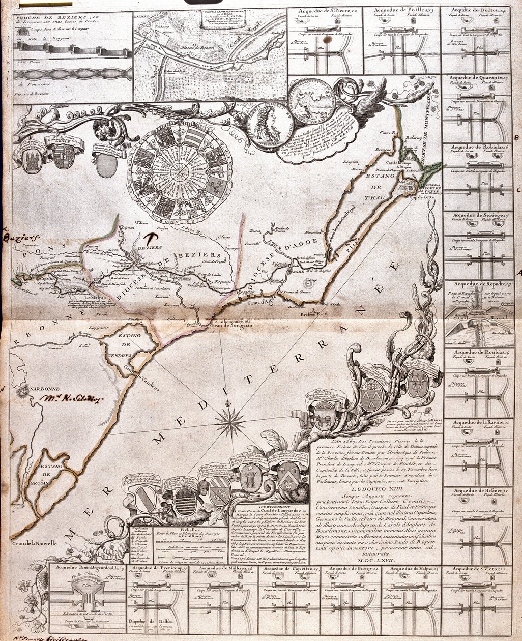 Mapa del Canal du Midi, con sus acueductos de Jean Baptiste Nolin