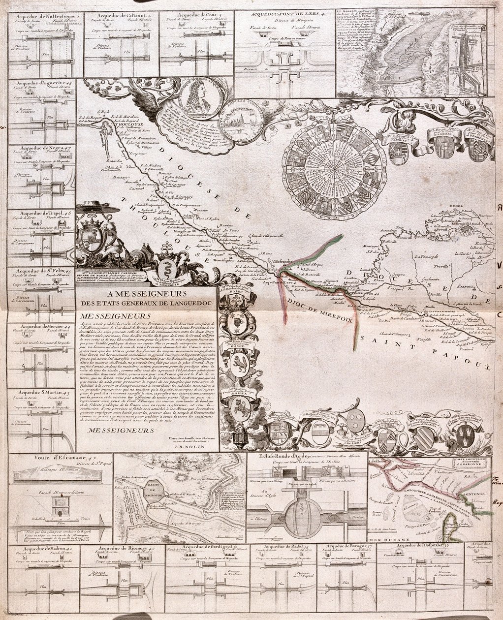 Mapa del Canal du Midi, con sus acueductos de Jean Baptiste Nolin