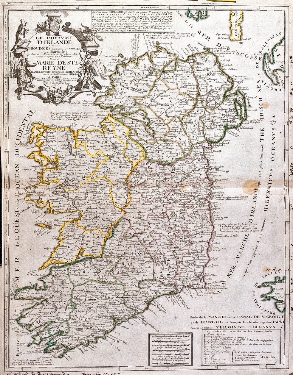 Mapa del Reino de Irlanda, dedicado a María de Este (1658-1718), Reina de Inglaterra, Escocia e Irlanda de Jean Baptiste Nolin
