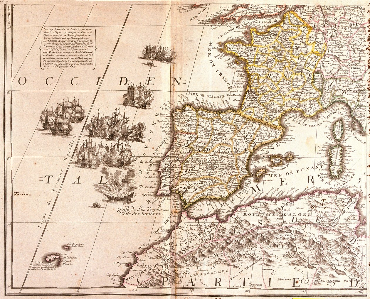 Mapa de los países del Mediterráneo Occidental: Francia, España, Portugal y África del Norte (Marruecos, Argelia, Túnez), con las Baleares, Córcega y Cerdeña de Jean Baptiste Nolin
