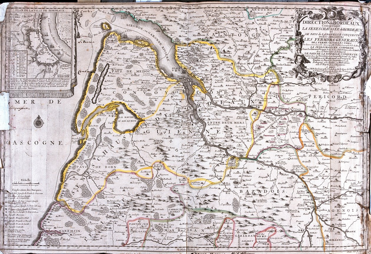 Mapa del área alrededor de Burdeos (Francia) (Grabado) de Jean Baptiste Nolin