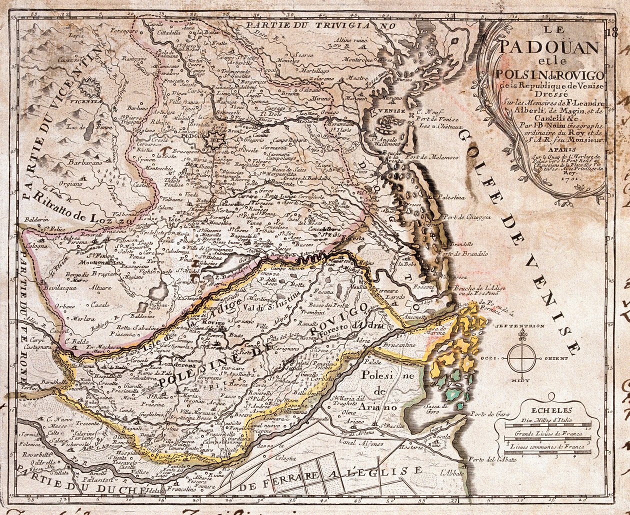 Mapa del área de Padua y Polesine (Italia) de Jean Baptiste Nolin