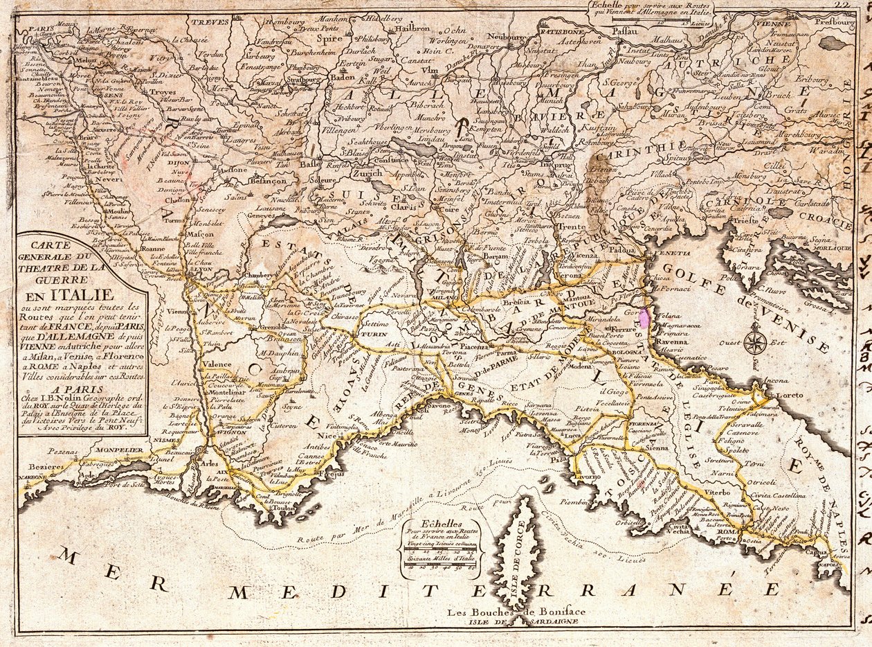 Mapa de las carreteras que conducen a las principales ciudades italianas desde toda Europa de Jean Baptiste Nolin