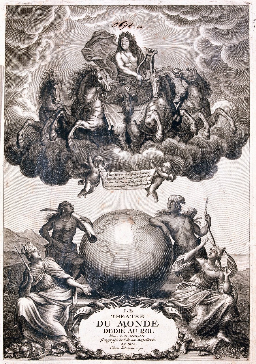 Retrato de Luis XIV, volando sobre un globo terráqueo, página de título (Grabado) de Jean Baptiste Nolin