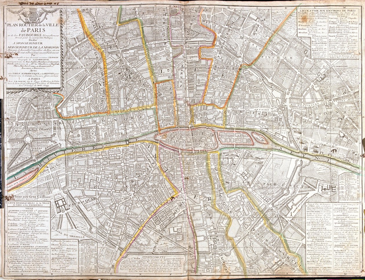 Mapa de rutas de París y sus suburbios de Jean Baptiste Nolin